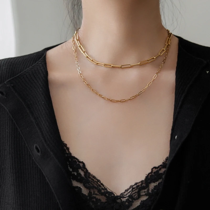 Titanium With 18K Gold Pave Chain Choker Necklace Stainless Steel  Designer T Show Runway Gown  Rare INS Japan Korean Boho