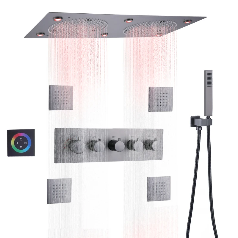 

Gun Gray Thermostatic Shower Faucets Set 62*32 CM LED Bathroom Top Shower Rainfall Atomizing Massage Showers Set