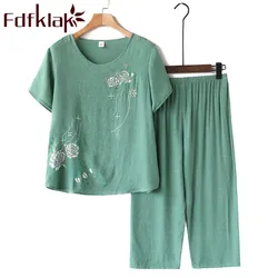 Women pyjamas home clothes plus size sleepwear set short sleeve pajamas for women pijama sets cotton linen pijamas XL-4XL A525