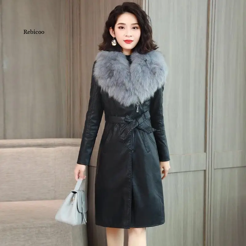 Women\'s Leather Jacket for Winter New Plus Velvet Warm Slim Big Fur Collar Long Leather Coat Female Outerwear Winter