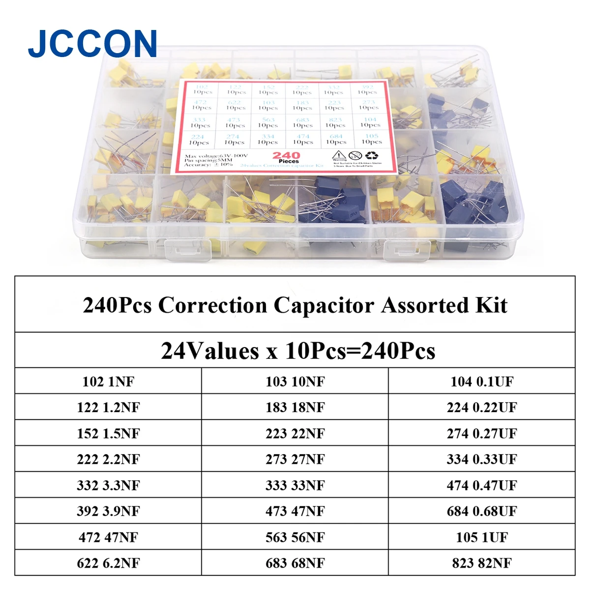 240Pcs Correction Capacitor Assorted Kit 24Values x 10Pcs 63V-100V 102J-105J Polypropylene Safety Plastic Film Capacitors