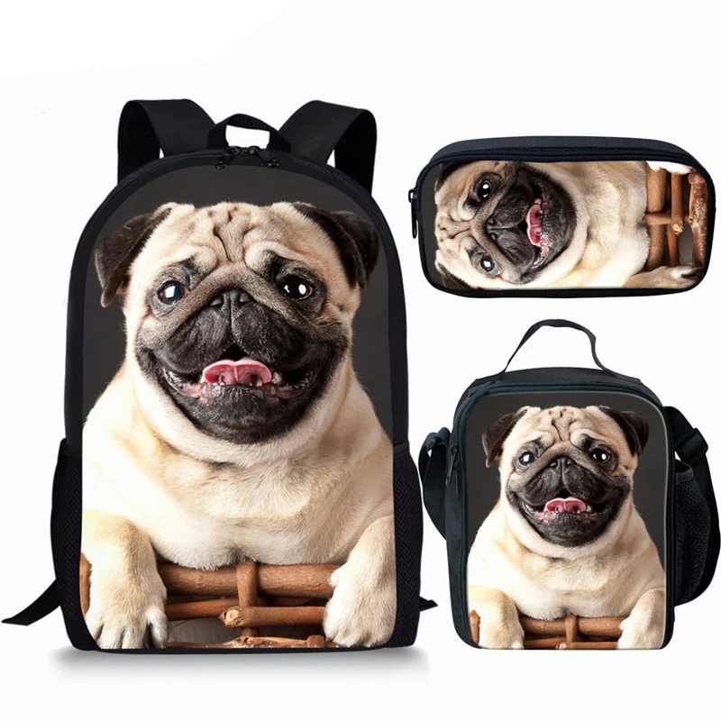 

Teenage Girls School Backpack Puppy Pug Dog Printing 3Pcs Bagpack Kids Backpacks Children Lunch Bags School Bag Women Mochilas