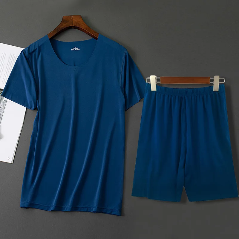 Mannen Ijs Zijde Pyjama Effen Shirt & Broek 2 Stuks Pijamas Slaap Set Toevallige Mannelijke Thuis Kleding Zomer Pyjama Nachtkleding nachtkleding Pak