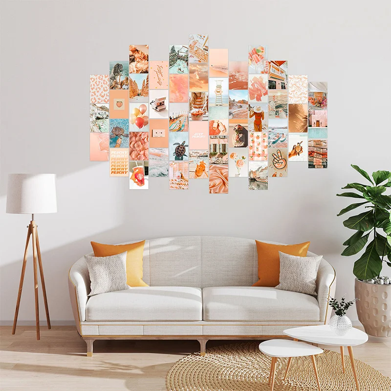 50Pcs Peach Beach Aesthetic Picture for Wall Collage Boho Style Print Kits Teal Color Living Room Dorm Decorations for Girls