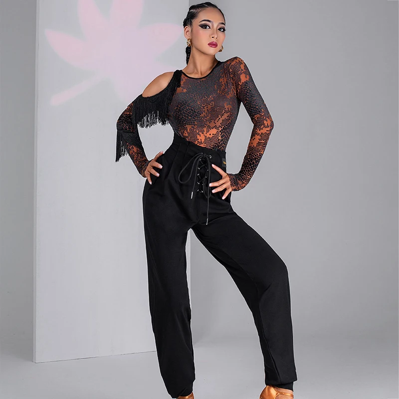 Female Velvet Hollow Sleeve Fringed Latin Top Latin Dance Tops For Women Latin Dance Costumes Modern Practice Clothes SL5714