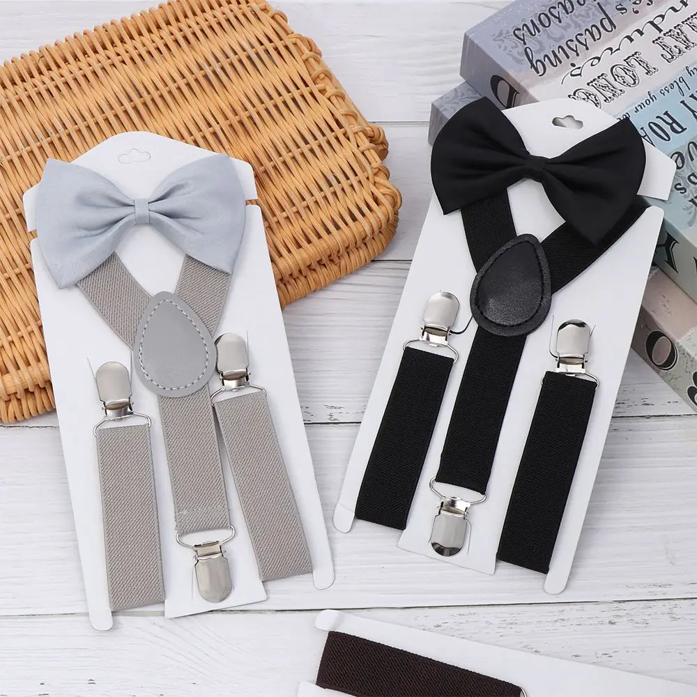 Cute Baby Hair Bow Set Children Wedding Dress Solid Color Printed Bow Tie Cow Tie Belts Kids Suspenders Elastic Braces