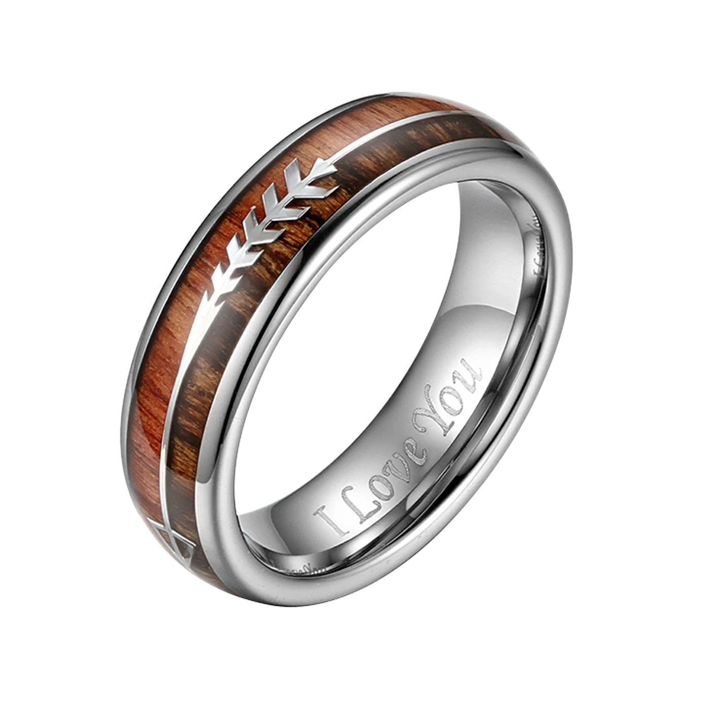 BONISKISS 8mm Mens Tungsten Carbide Rings Women's Wedding Bands Wood Arrow Inlay Domed Polished Shiny Comfort Fit Size 5 to 17