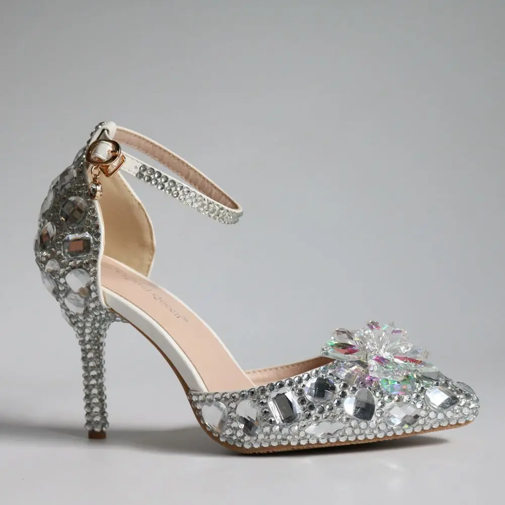 Sandalias sexys para mujer, zapatos de novia con punta en pico, de boda, con diamantes de imitación de cristal, Stiletto, altos