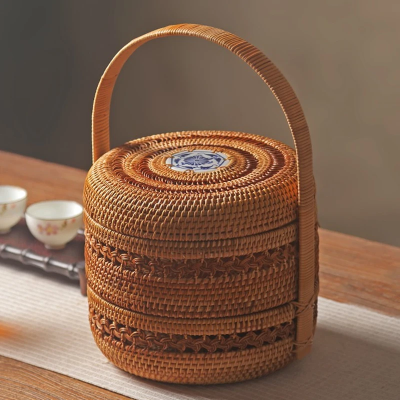 Vietnam Rattan weaving Pu 'er tea box organizer tea cake dessert double layer storage basket tea storage box caddy cans canister