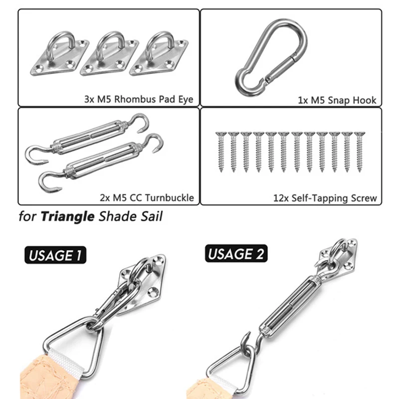 Triangle Shade Sail Accessories 18pcs/Set 304 Stainless Steel Hardware Screws Hardware Kit Turnbuckle Pad Eye Carabiner Clip