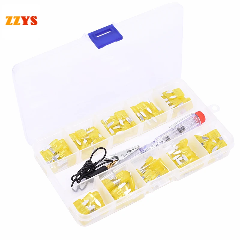 

100pcs Universal 20A Small Automotive Truck Auto Car Blade Type Fuse Aluminum Fuses Assortment Set with Box Clip and Test Pen