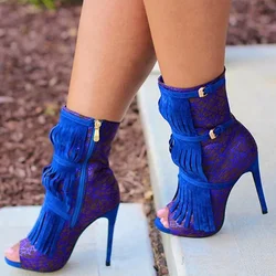 Fashion Designed Fringe Peep Toe Buckle Strap Ornament Women Ankle Boots Lady Dress Shoes High Heel Short Booty Big Size 45