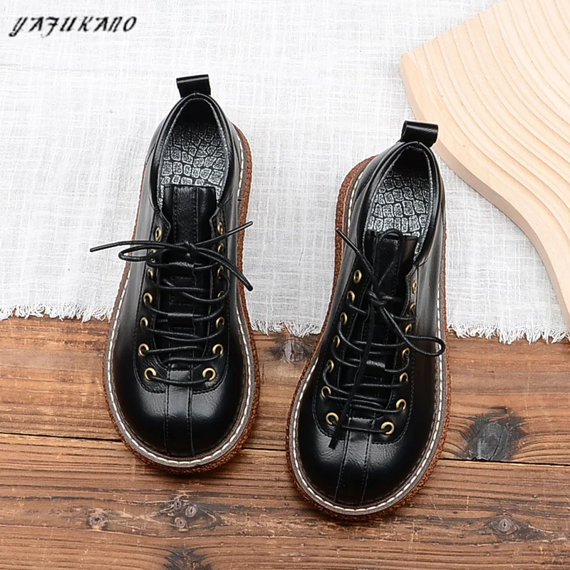 Mori Thick-Soled College British Lace-Up Women Small Leather Shoes Big Head Doll Shoes Literary Retro Platform Flat Women Shoes