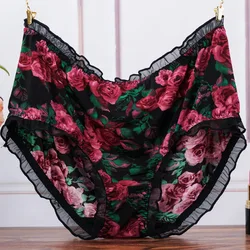 Tamanho grande meados de cintura calcinha feminina impressão leopard briefs underwear senhora sexy rendas babados sem costura plus size cueca