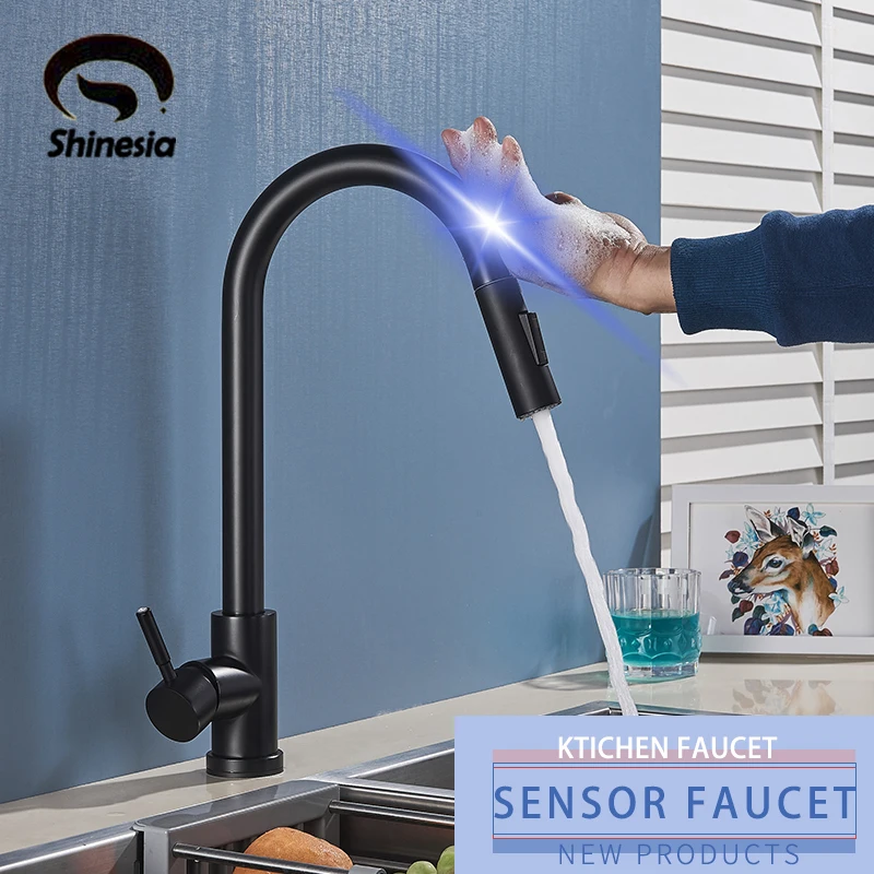 Shinesia Black Sensor Kitchen Faucet Pull Out Spout Smart Touch Inductive Sensitive Faucet 360 Degree Rotation Mixer Tap