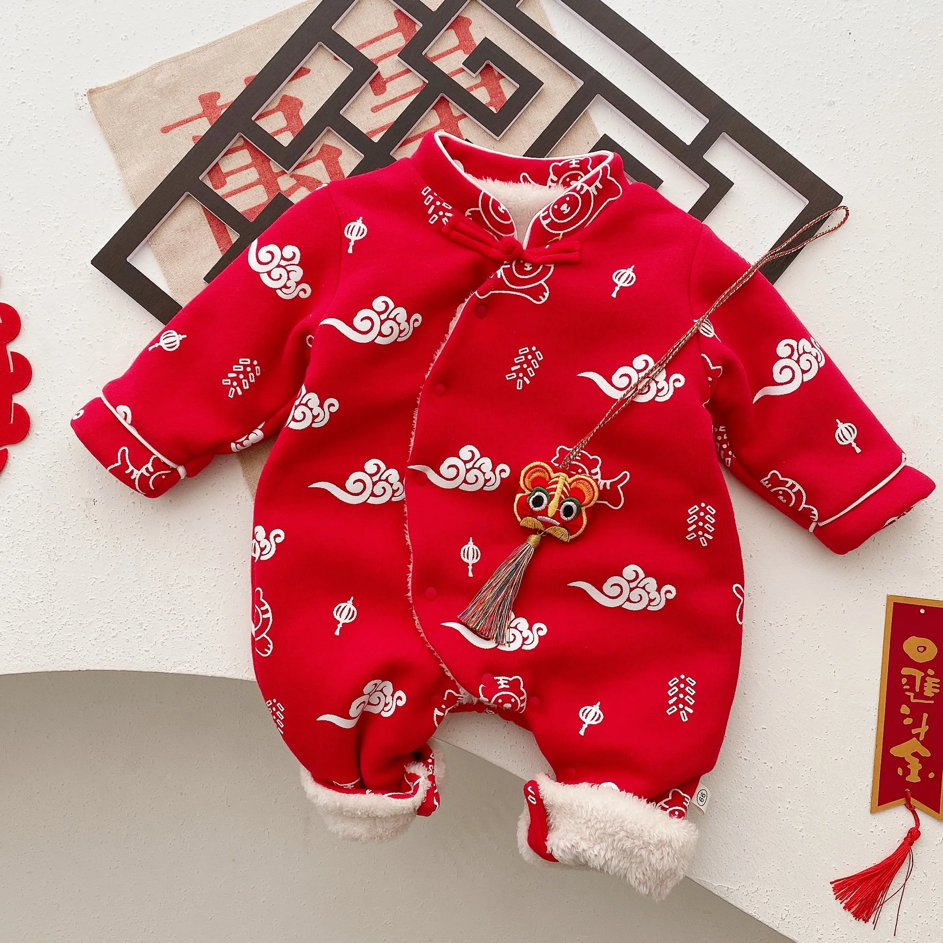 Baby Chinese Traditional Clothes Plus Velvet Thicken Warm Winter Infant Outwear Unisex Newborn Boy Girl Rompers For New Year