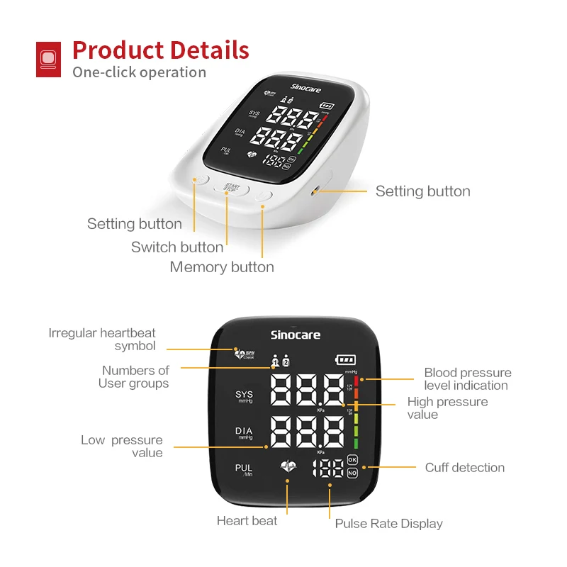 Arm Automatic Blood Pressure Monitor, Heart Rate Pulse BP Sphygmomanometer Machine with Voice Function & Large LCD Display