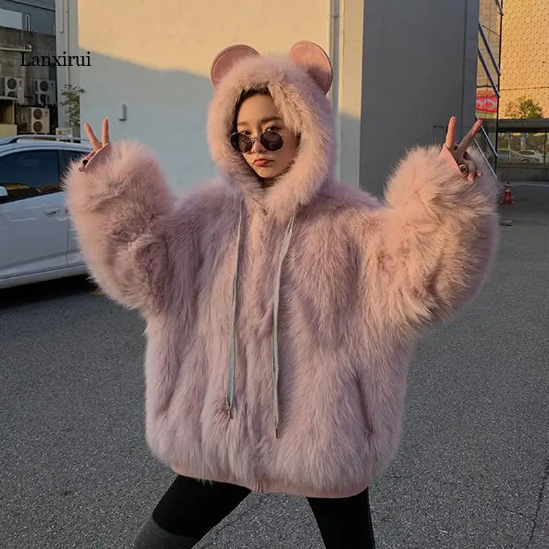 Fox Fur Collar Hooded Luxury Rabbit Faux Fur Jacket Manteau Femme Hiver  Patch White Teddy Coat Woman Winter Overcoat