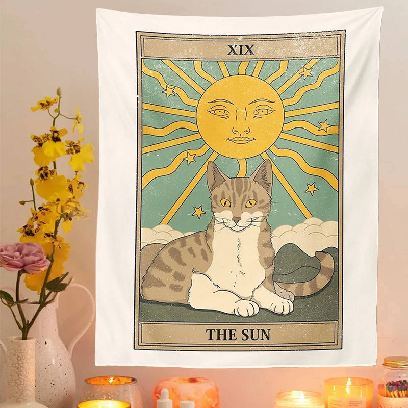 Cat Divination Witchcraft Tarot Card Tapestry Wall Hanging Tapestries Baphomet Occult Home Wall Moon phase Mat Decor Cat Coven