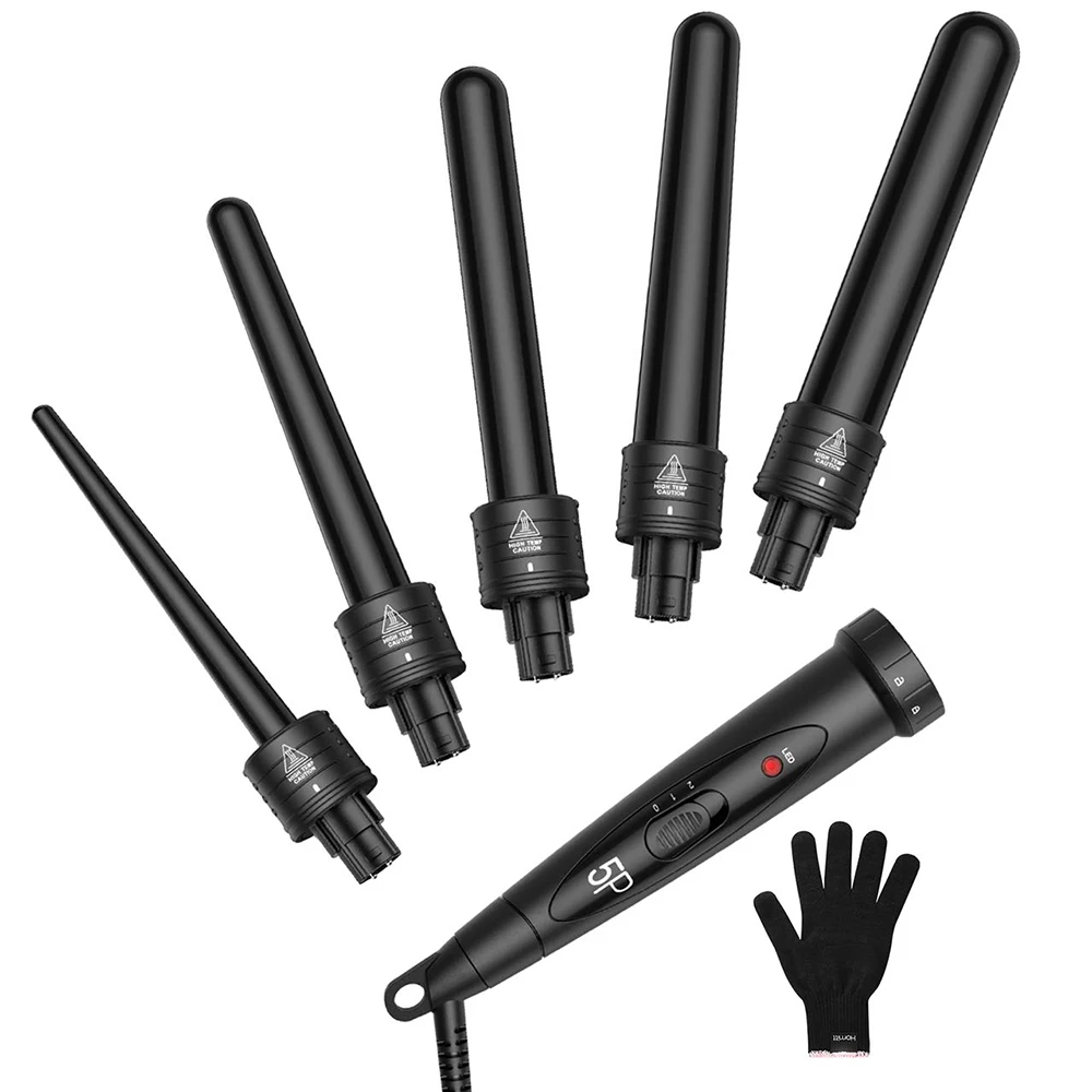 5 in 1 Curling Iron Wand Set Fast Heating Up Hair Curler for Wavy with 5 Interchangeable Coating Barrels Beach Wave Hair Curler