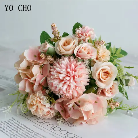 YO CHO 웨딩 부케 인공 실크 장미 모란 꽃 신부 꽃다발 핑크 수국 Pompom 버드 바닐라 스파이크 웨딩 용품