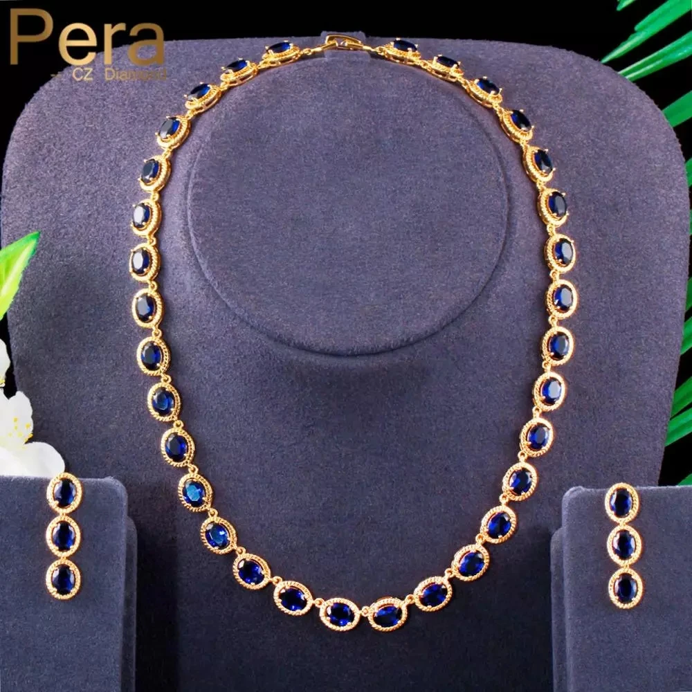 

Pera Luxury Royal Blue Oval CZ Crystal Women Wedding Party Necklace Earrings Bridal Jewelry Sets Dubai Gold Color Jewellery J385