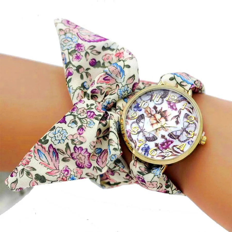 Shsby Unique Ladies Flower Cloth Wristwatch Fashion Women Dress Watch Silky Chiffon Fabric Watch Sweet Girls Bracelet Watch