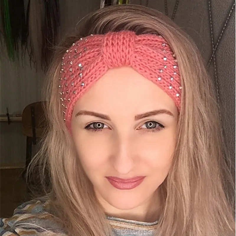 2024 Winter Warmer Ear Knitted Headband Turban For Lady Women Crochet Bowknot Rhinestone Hairband Headwrap Hair Accessories