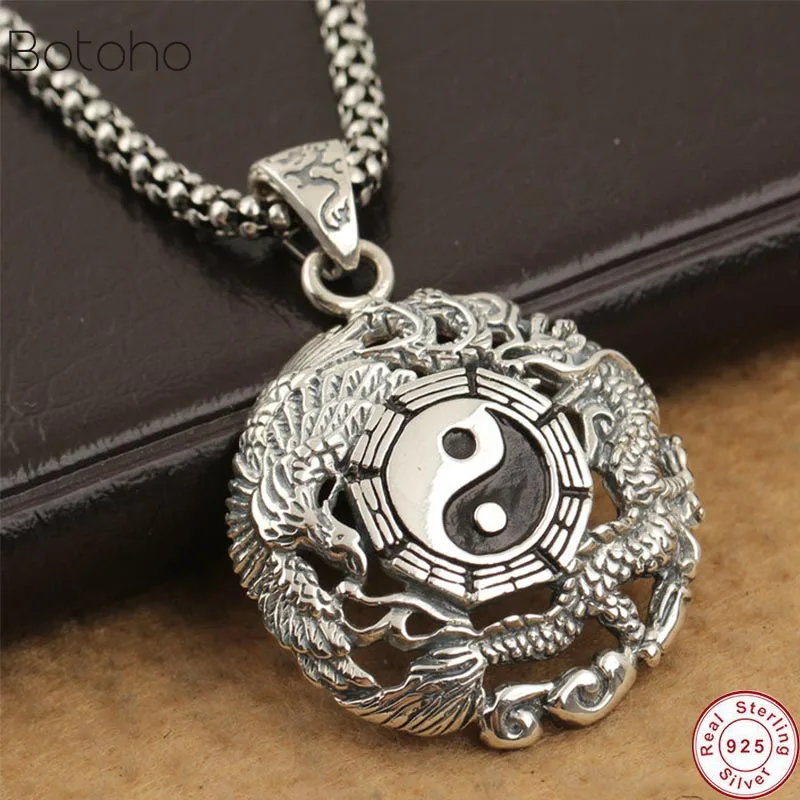 Handmade S925 Silver colour Dragon Pendant vintage thai silver colour dragon feng shui taichi symbol pendant pure silver pendant