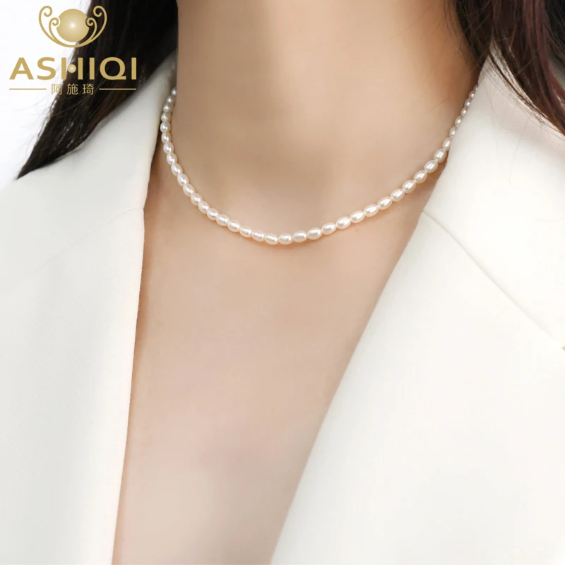 ASHIQI 4mm Mini Natural Freshwater Pearl Necklace for Women Wedding 925 Sterling Silver Jewelry