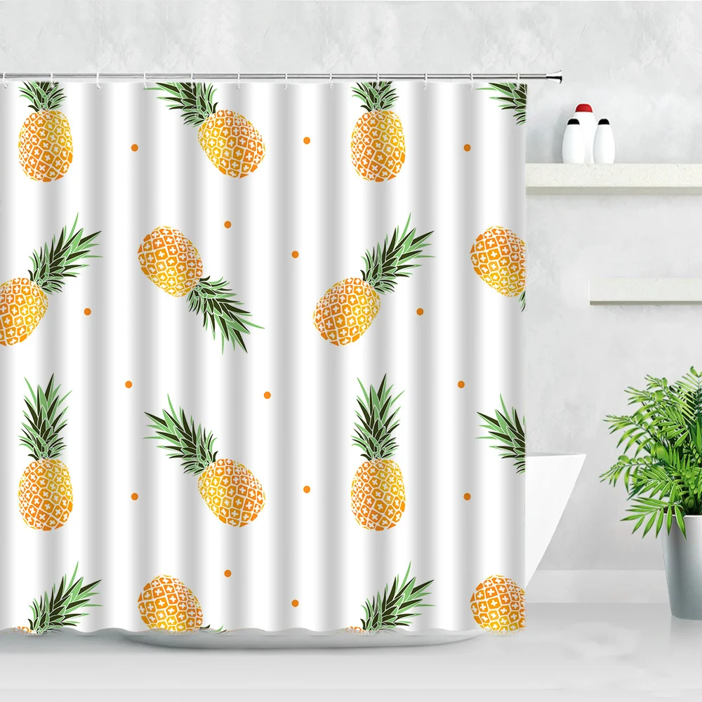 3D Tropical Fruit Shower Curtains Yellow Pineapple Green Leaf White Fabric Waterproof With Hooks Home Decor Bathroom Curtain Set