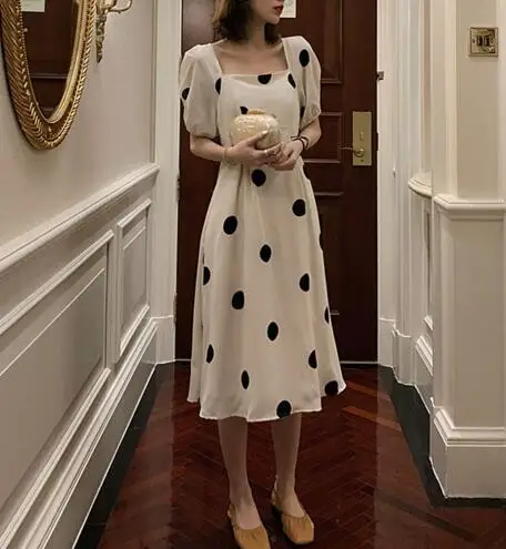 

Summer 2021 Black Beige Polka Dot Women Midi Dress Bohemian Vacation Beach Party Dress Elegant Square Collar Puff Sleeve Vestido