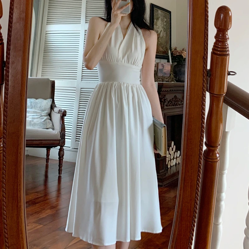 White Elegant Halter Dress Women Sexy Backless Korean Party Midi Dress Female Sleeveless V-neck Vintage Dresses for Women 2021