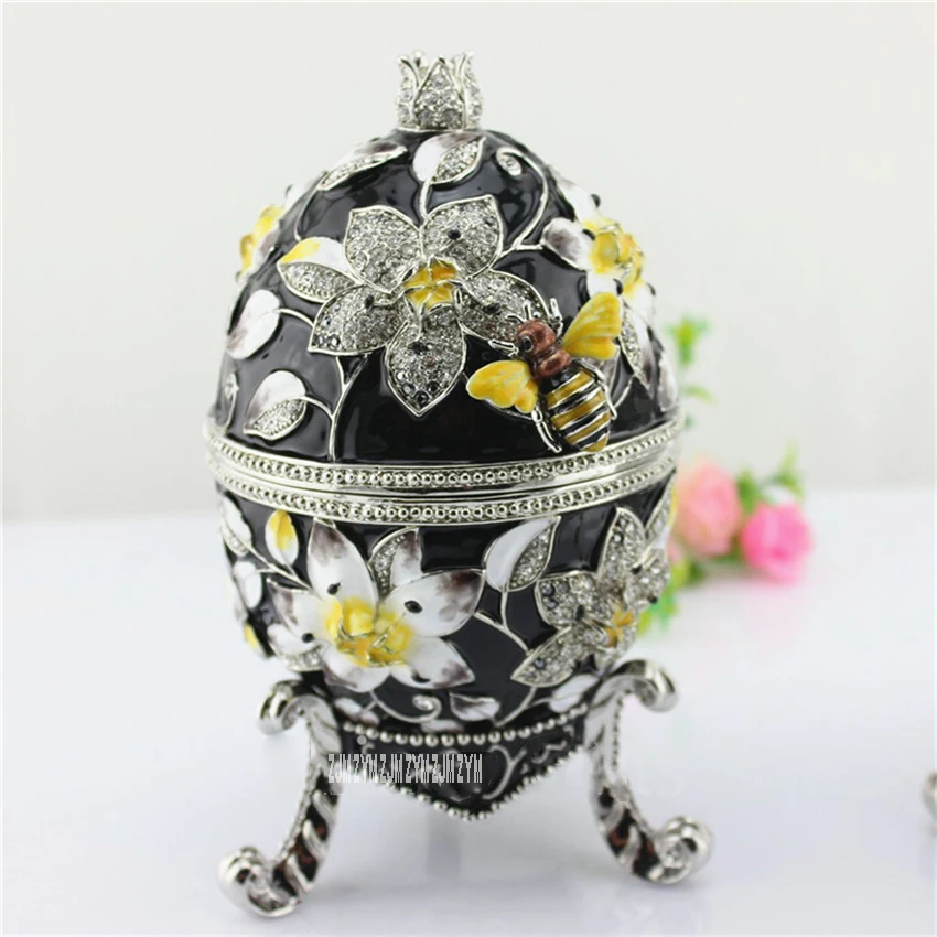 SCJHAB650 Alloy Luxury Delicate Egg Jewelry Organizer Box Vintage Bee Trinket Box Black/White Wedding Ring Storage Container