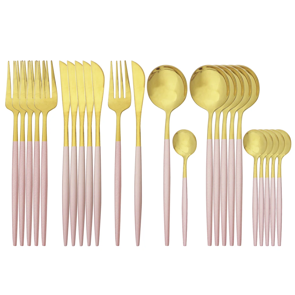 Pink Gold Cutlery Set Stainless Steel Dinnerware Set 24Pcs Knives Forks Coffee Spoons Flatware Set Kitchen Dinner Tableware Set