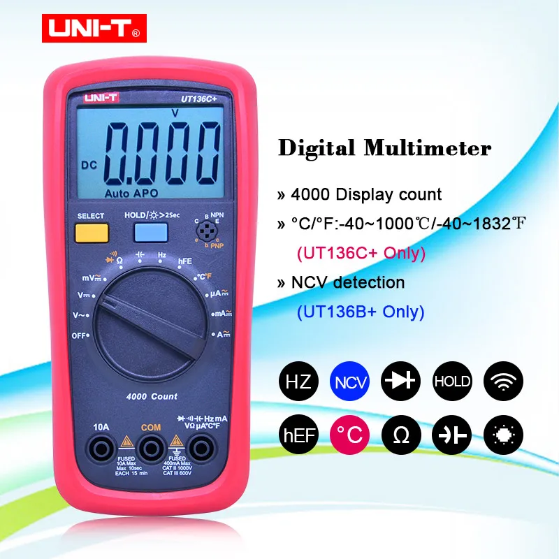 

UNI-T UT136B+ UT136C+ Digital multimetro 1000V 10A Multimeter AC DC with Hz/Diode/Capacitance/Frequency/hFE/NCV/Temperature