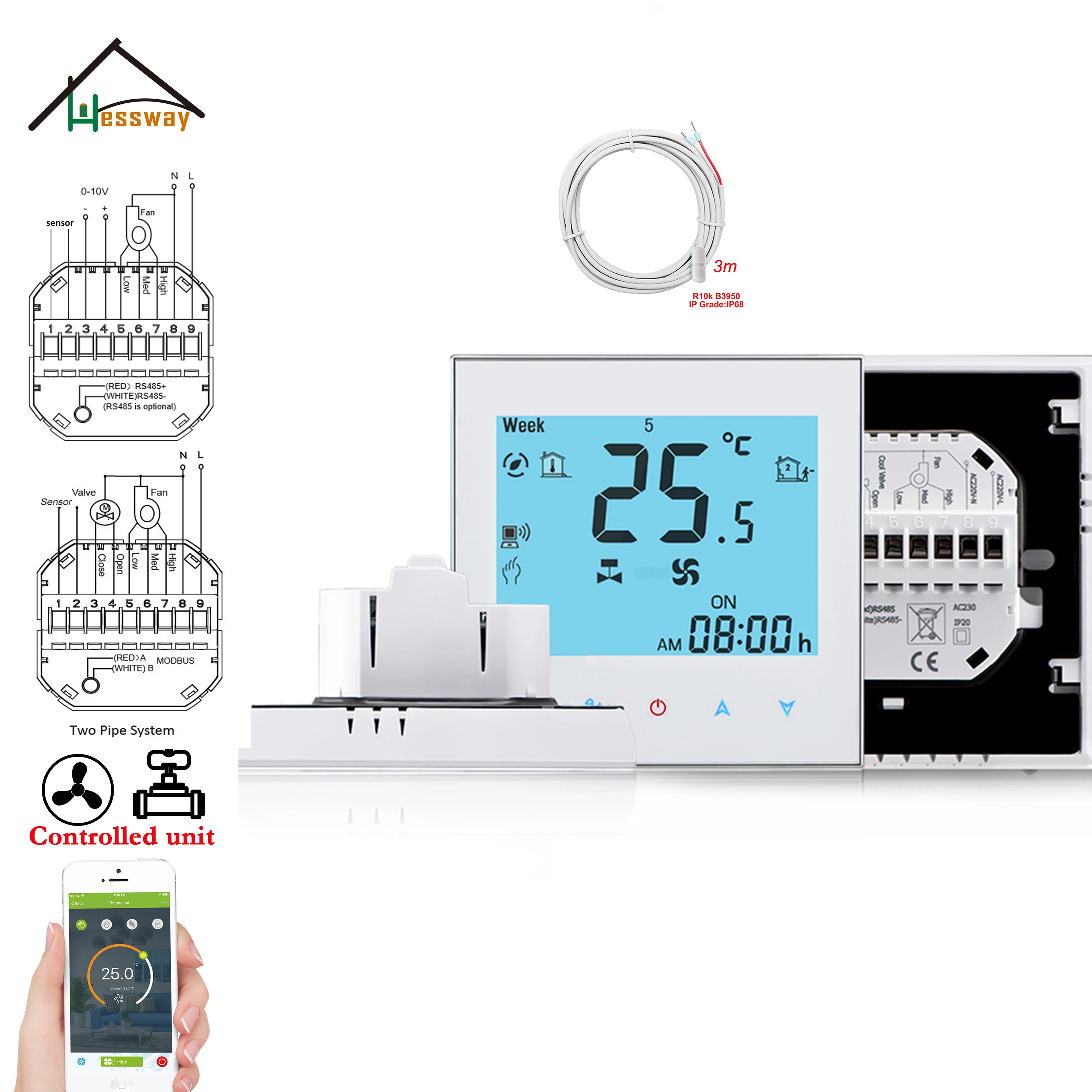 

HESSWAY Dual Sensor Regulated Thermostat WIFI for 0-10V Proportional Integral Valve 3-Speed Fan Coil Valve NC/NO Switch