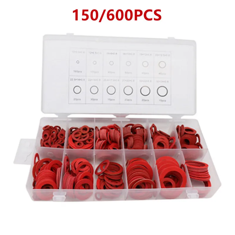 150/600pcs Red Steel Paper Fiber Flat Washer Kit Insulation Washer Gasket Nut & Bolt Set Flat Ring Seal Assortment Kit