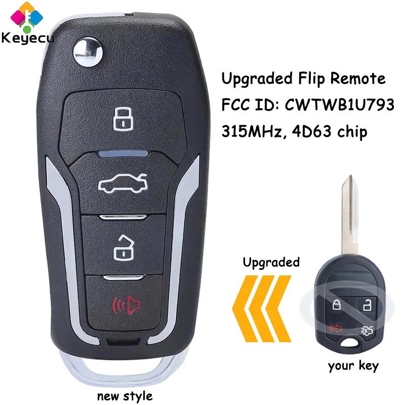 

KEYECU Upgraded Flip Remote Key Fob 4 Buttons 315MHz 4D63 Chip for Ford Edge Escape Expedition Explorer Fusion FCC# CWTWB1U793