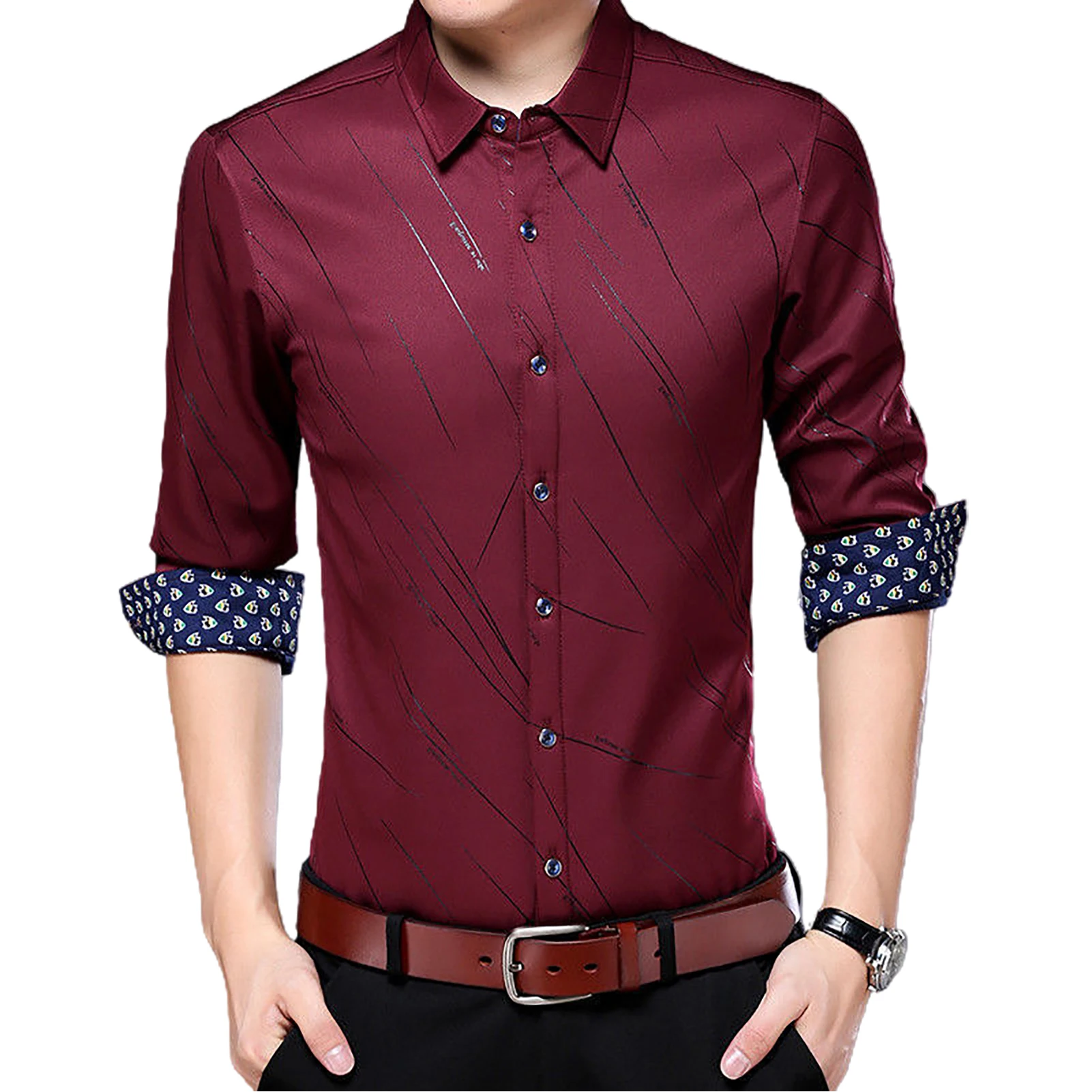 Camisa xadrez de manga longa masculina, camisa da moda para negócios com letras e listras estampadas e botões, camiseta casual de tamanho pequeno