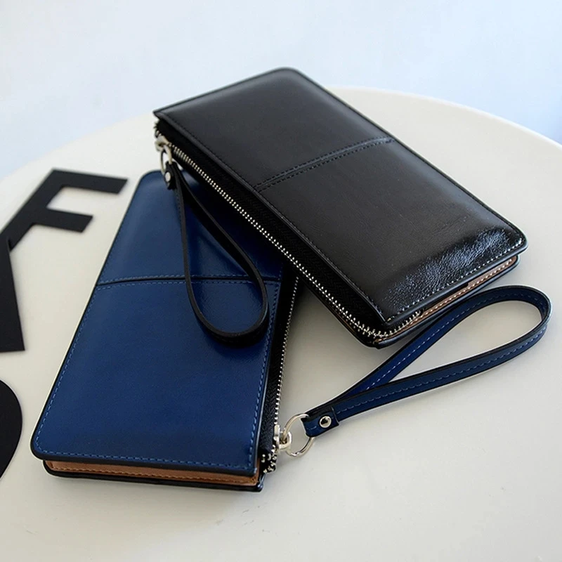 Women's Vintage Oil Wax PU Leather Clutch Wallet Female Large Capacity Phone Purse Ladies Wristband Simple Card Holder Pouch Bag