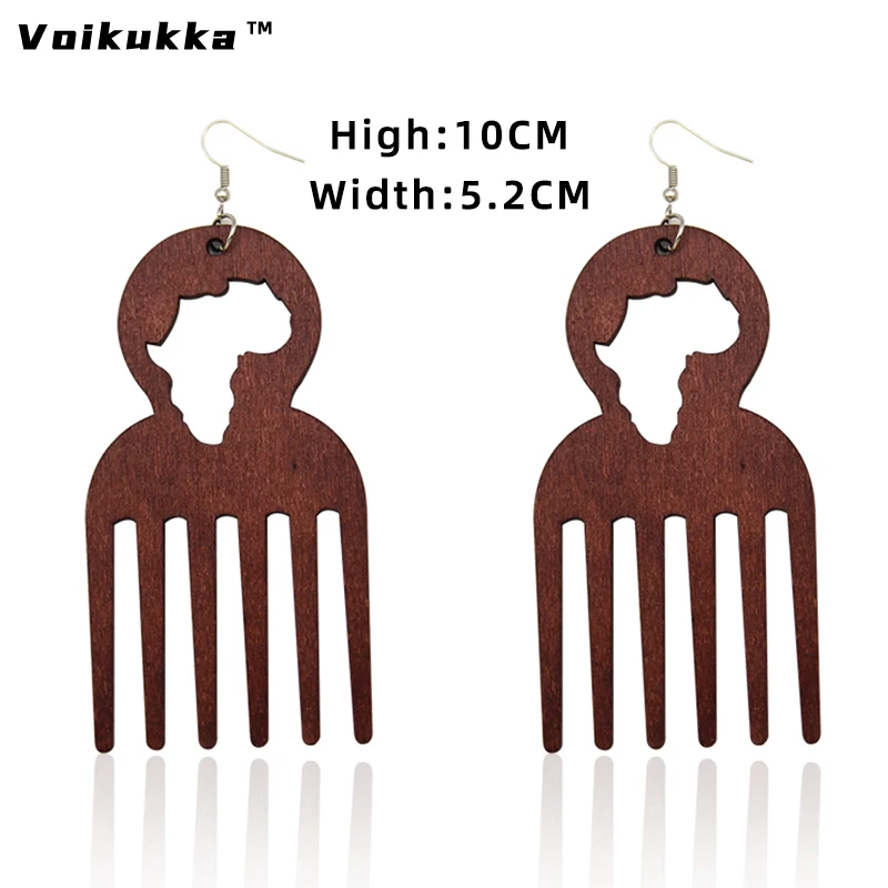 VOIKUKKA Jewelry Laser Cutting Wooden Comb Hollow Out Africa Map Pendant Creative Afro Earrings For Women Gifts Accessories