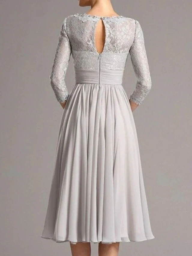 Robe de mère de la mariée argentée, grande taille, col en V, longueur aux genoux, mousseline de soie, manches 3/4, appliques, robe de soirée du marié, 2024