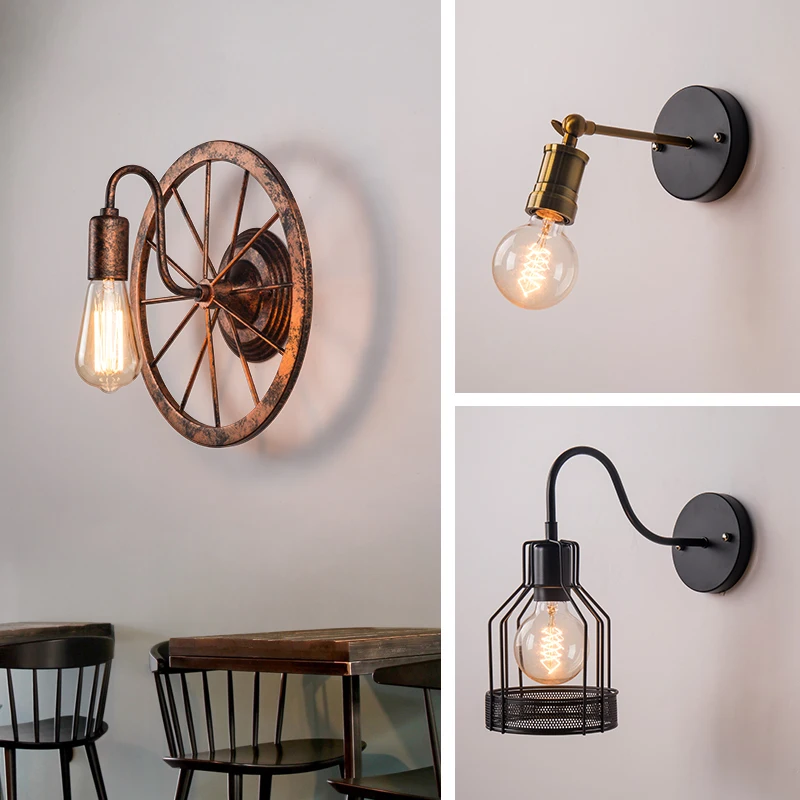 American Country Creative Retro Industrial Style Wrought Iron Wall Lamp Designer Lamp Aisle Stairs Bedside Rotating Lamps