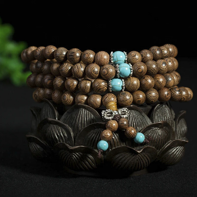 Natural Wenge Prayer Beads Tibetan Buddhist Mala Buddha Bracelet Rosary Wooden Hip Hop Jewery For Women Men