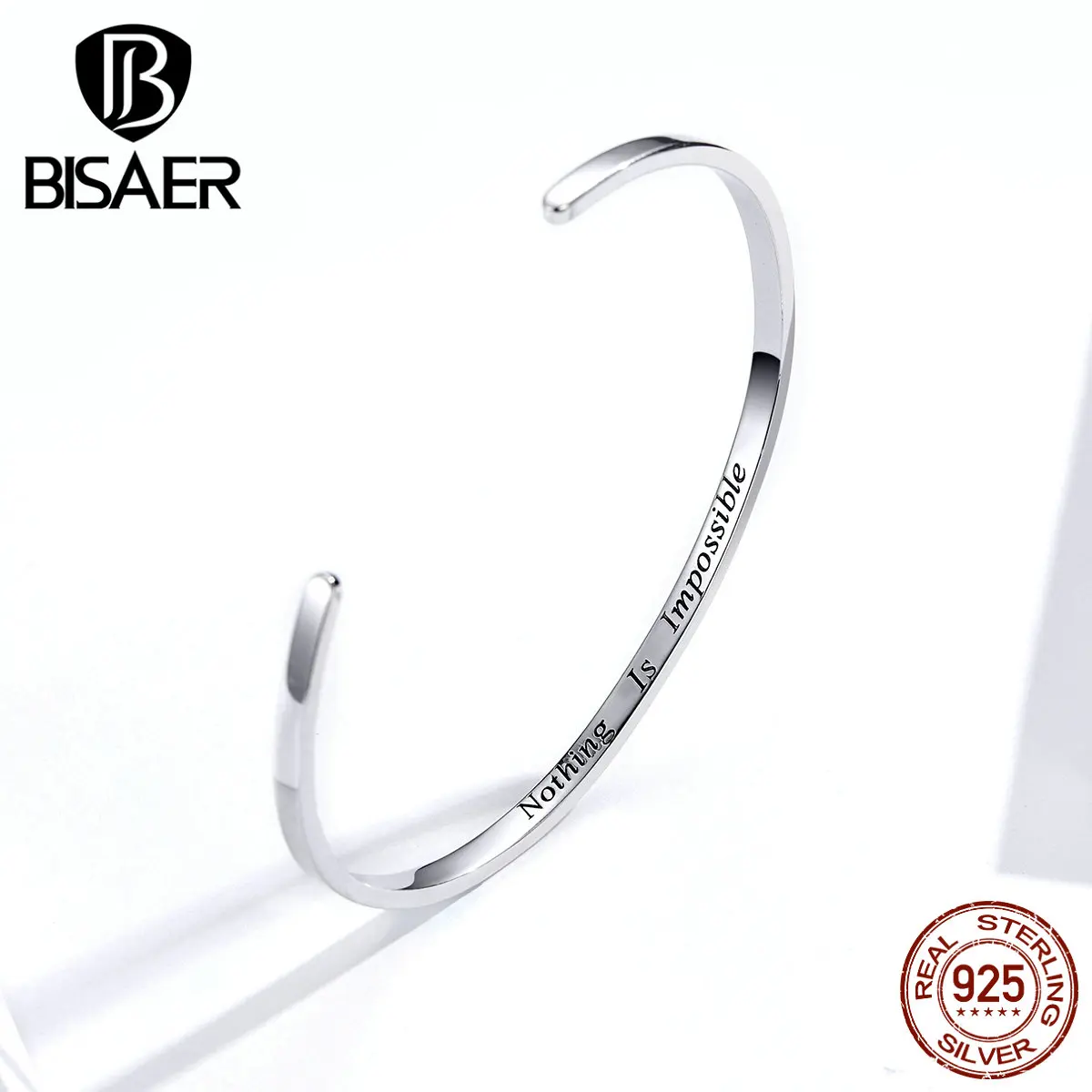 Cuff Bangles BISAER 925 Sterling Silver Nothing Is Impossible Women Cuff Bangles Bracelets For Women Brave Silver Jewelry ECB160