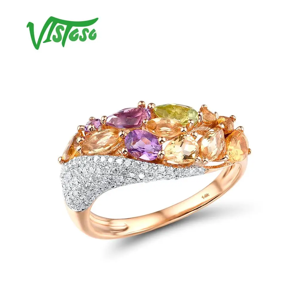 

VISTOSO Pure 14K 585 Rose Gold Ring For Women Shining Diamond Citrine Amethyst Peridot Wedding Engagement Elegant Fine Jewelry