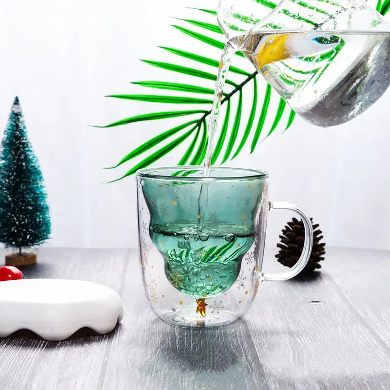 

Christmas Tree Glass Cup Heat Resistant Creative Stars Decorative Romantic Bilayer Holiday Gift Winter Office Room Coffee Cups