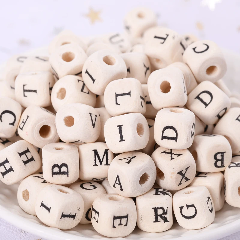 8/10mm 50-200Pcs/lot Wooden Beads Square Alphabet Letter Loose Spacer Beads for Baby Smooth Teether Jewelry Making Accessories