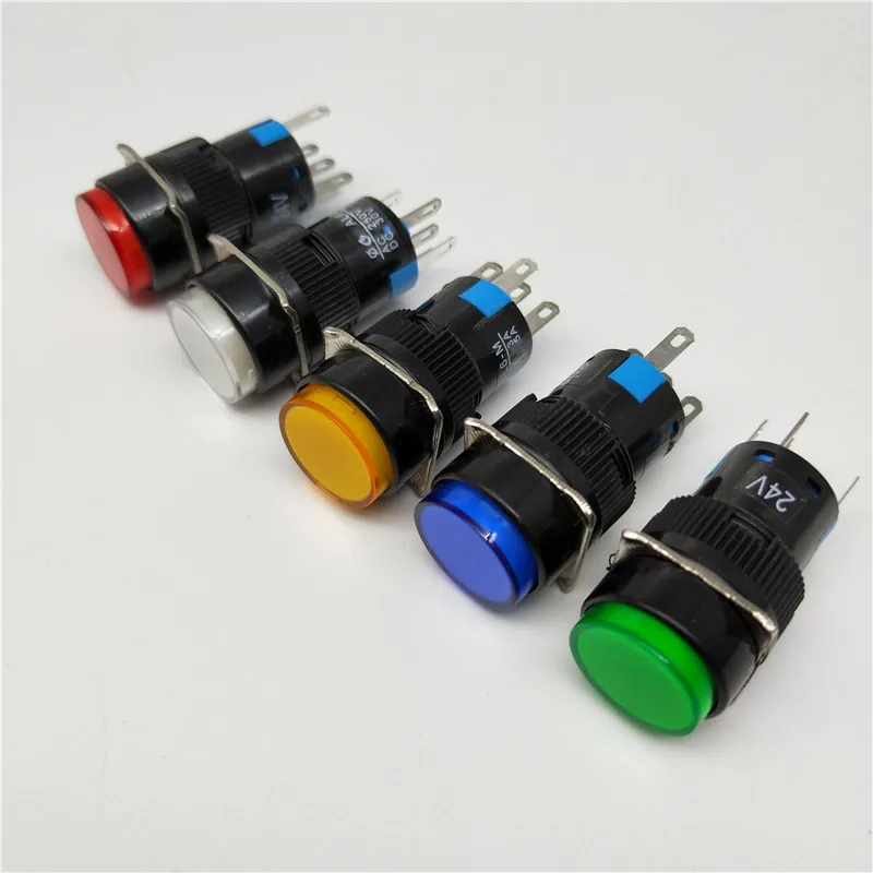 16mm DC 6V 12V 24V 220V LED Push Button Switch Blue Green Red Yellow White lamp Self lock / self reset push button